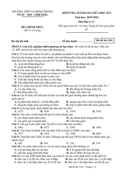 Đề thi Giữa kì 1 Địa lí 11 năm 2025-2026 trường THPT số 1 Lê Hồng Phong (Đắk Lắk)